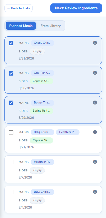 Step one: selecting planned meals to include in a shopping list