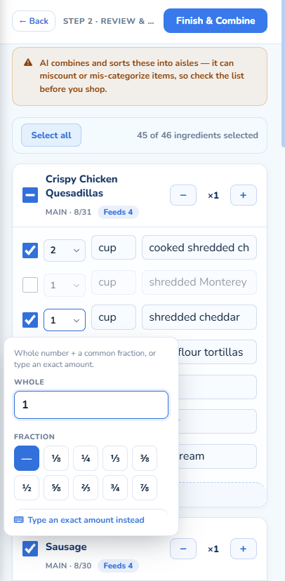 Step two: reviewing and adjusting combined ingredient quantities