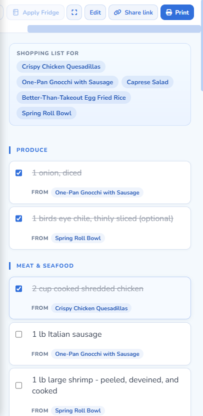 Step three: the finished shopping list grouped by grocery aisle